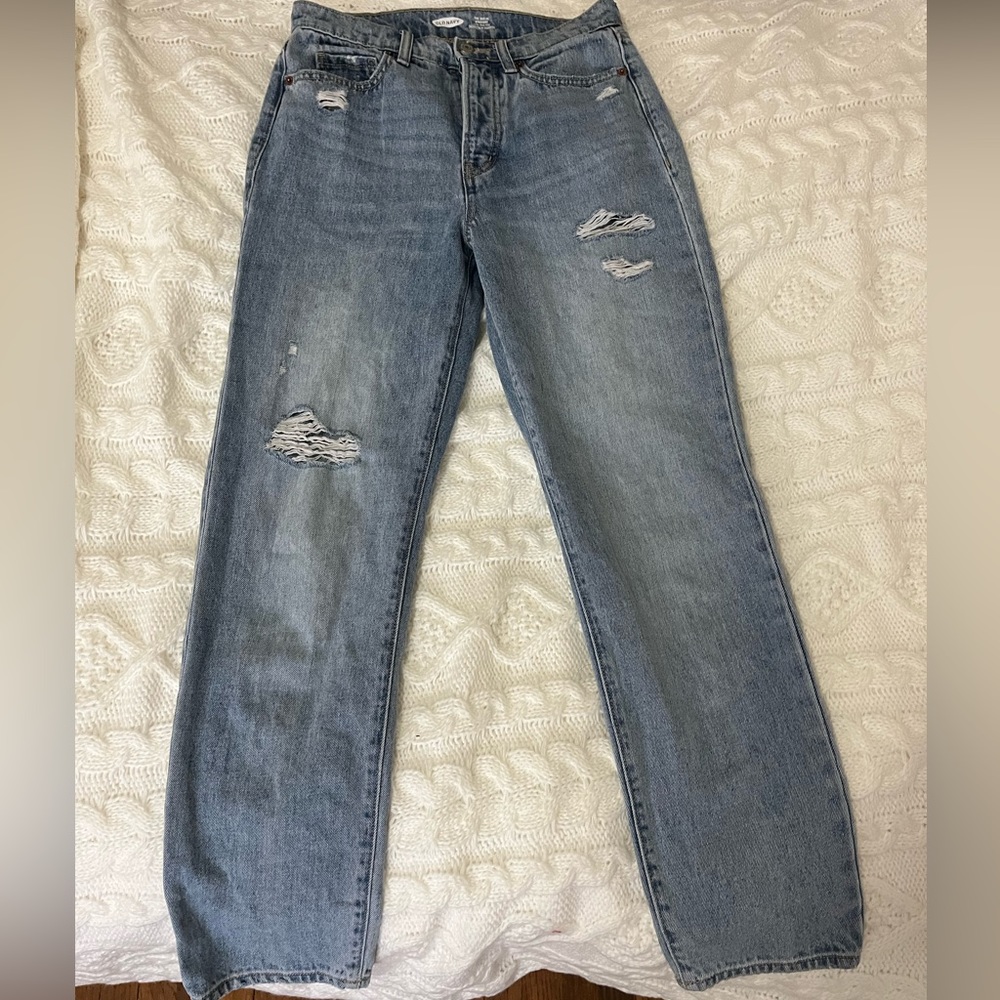 Old Navy High Rise Ripped Straight Leg Blue Denim Jeans